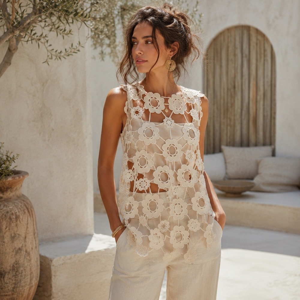 Zara Cream Floral Crochet Sleeveless Vest